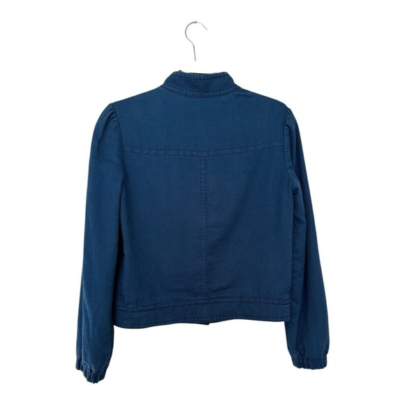 Gap Moto Jacket Mock Neck Zip Up Long Sleeve Linen Blend Blue Womens Small - Picture 2 of 13
